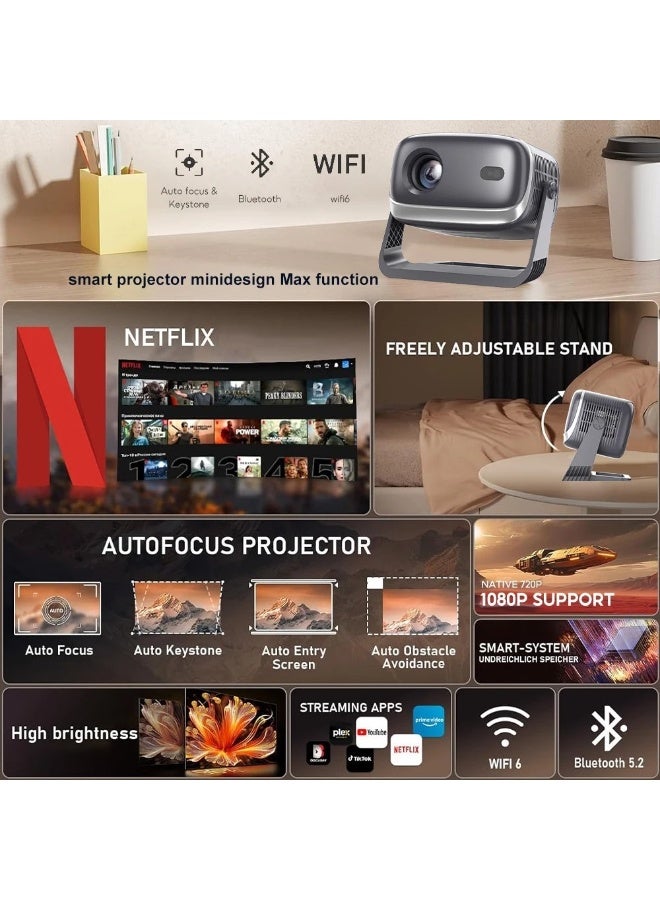 FlashHawk 1080P Full HD Projector - (with Screen) 600 ANSI Lum/4K Support Mini Portable Projector Wifi6 and Bluetooth/Smart Google TV, Netflix/Gimbal Instant Auto Focus/Auto Keystone Correction/Adjustable 180°Angle/Compatible with iOS/Android/PC/PS4/PS5 for Home Outdoor Gaming - Image 2